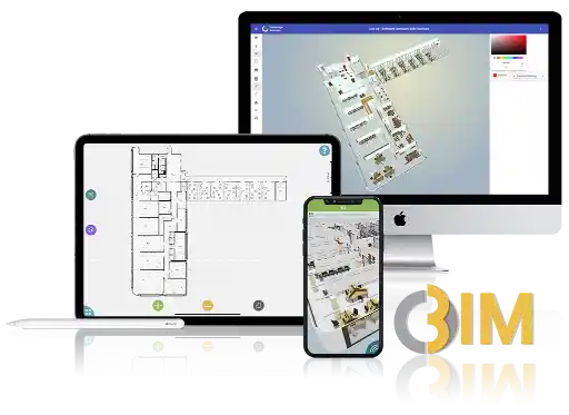Balken- & Tortendiagramme sowie Smartphone mit FM-Gebäudedaten-Visualisierung